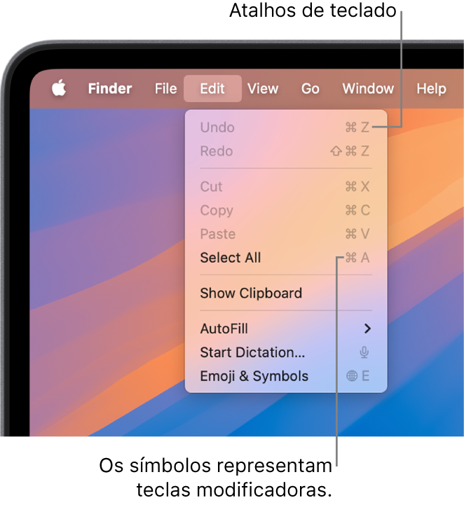 O menu Edição é aberto no Finder; surgem atalhos de teclado junto aos elementos do menu.