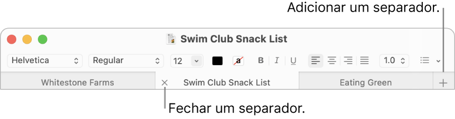 Uma janela do Editor de Texto com três separadores na barra de separadores, situada debaixo da barra de formatação. Um separador apresenta o botão “Fechar”. O botão “Adicionar” encontra-se situado na extremidade direita da barra de separadores.