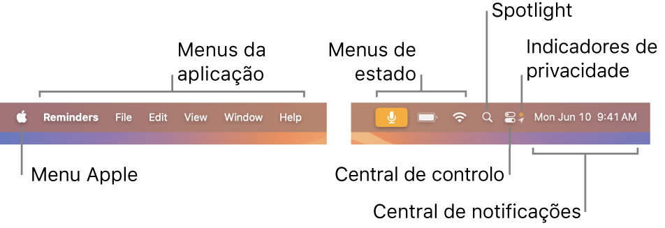 A barra de menus. À esquerda encontram-se os menus da Apple e das aplicações. À direita encontram-se os menus de estado, o Spotlight, a central de controlo, indicadores de privacidade e a central de notificações.