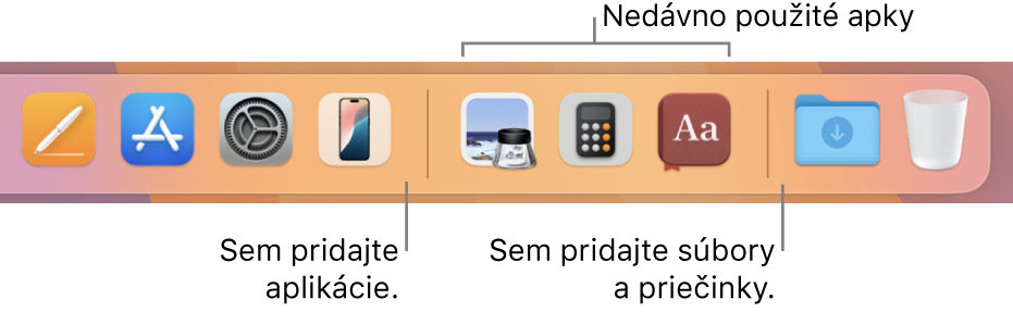 Pravá strana Docku zobrazujúca čiary oddeľovača pred a za sekciou naposledy použitých apiek.