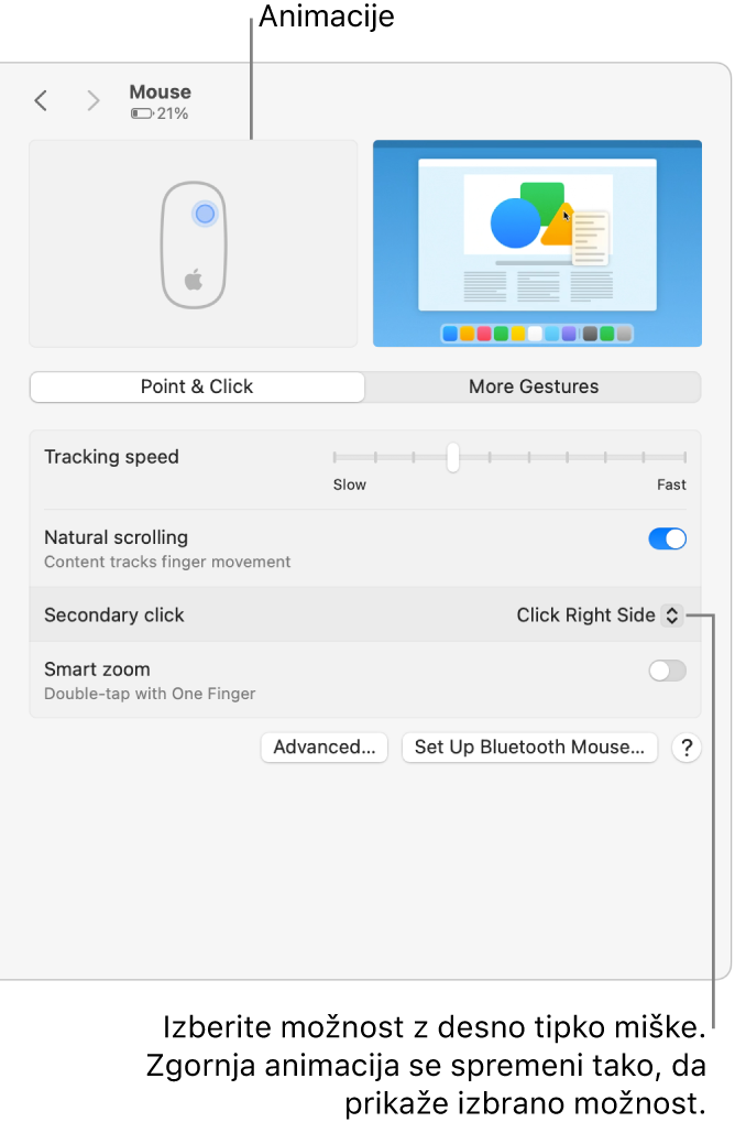 Možnosti miške v Nastavitvah sistema prikazujejo možnost sekundarnega klika, ki je nastavljena na »Klik desne strani«, in ustrezno animacijo.