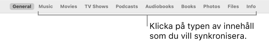 Raden med alternativ överst i fönstret visar typerna av innehåll som du kan synkronisera.
