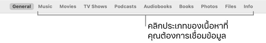 แถวของตัวเลือกที่ด้านบนสุดของหน้าต่าง ซึ่งแสดงประเภทของเนื้อหาที่คุณสามารถเชื่อมข้อมูลได้