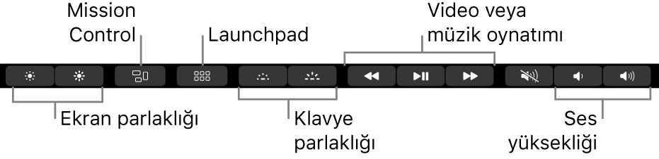 Genişletilmiş Control Strip’teki düğmeler arasında soldan sağa ekran parlaklığı, Mission Control, Launchpad, klavye parlaklığı, müzik çalma ve ses yüksekliği sayılabilir.