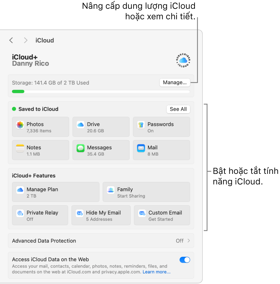 Cài đặt iCloud với tất cả các tính năng được bật.