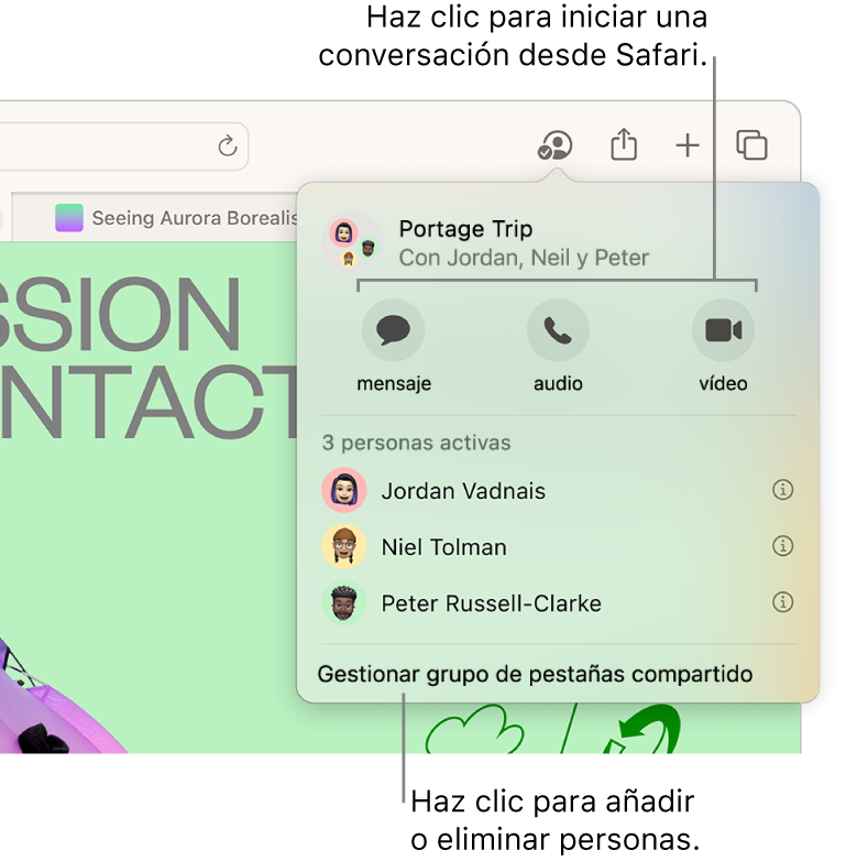 Una ventana con una lista de personas en un grupo de pestañas compartido.