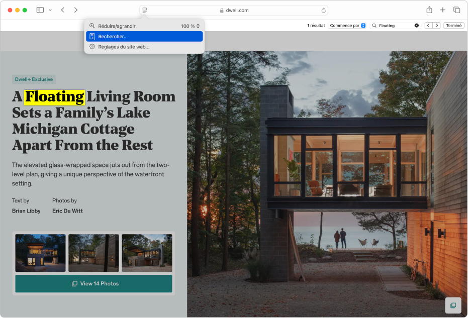 Une fenêtre montrant comment rechercher le texte « flottant » sur une page web.