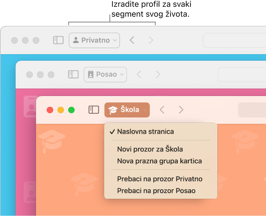 Tri prozora Safari profila: jedan za dom, jedan za posao i jedan za školu.