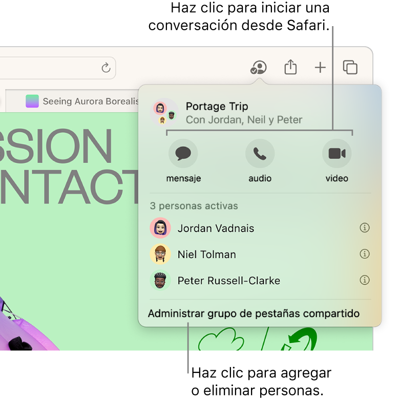 Una ventana enumerando personas en un grupo de pestañas compartido.