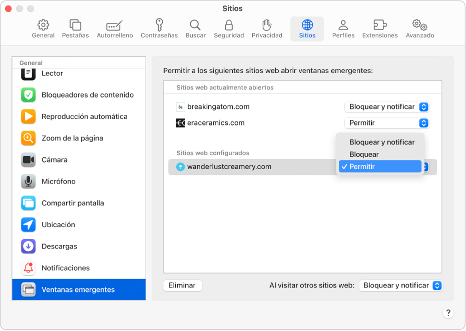 La opción Ventanas emergentes en la configuración de Safari mostrando que se seleccionó Permitir para un sitio web.