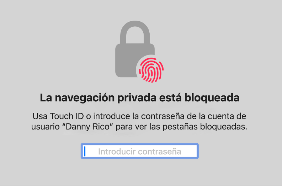 Una ventana que te pide que te identifiques con Touch ID o tu contraseña para desbloquear ventanas de navegación privada.