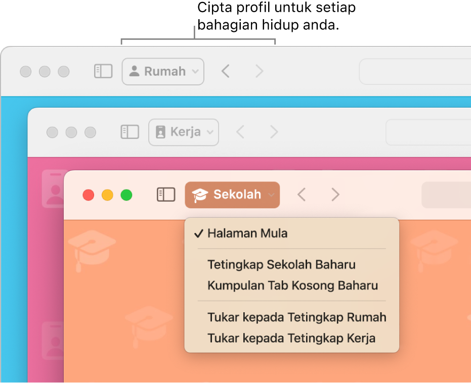 Tiga tetingkap profil Safari: satu untuk rumah, satu untuk kerja dan satu untuk sekolah.