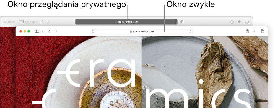 Prywatne okno Safari z ciemnym inteligentnym polem wyszukiwania oraz zwykłe okno Safari z jasnym inteligentnym polem wyszukiwania.