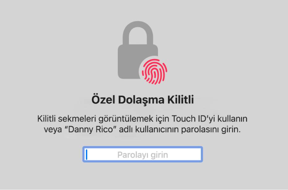 Özel Dolaşma pencerelerinin kilidini açmak için Touch ID isteyen veya parolanızı soran bir pencere.