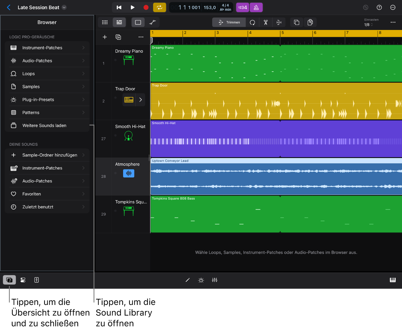 Abbildung. Der Browser in Logic Pro für iPad.