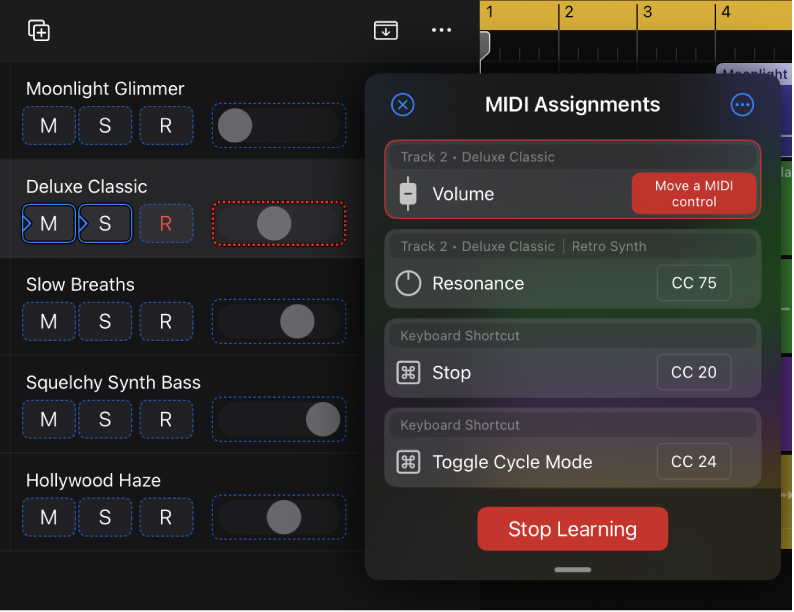Figure. Creating an assignment in the Learn MIDI dialog.