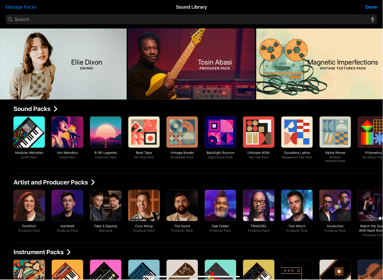 Figure. The Sound Library in Logic Pro for iPad.