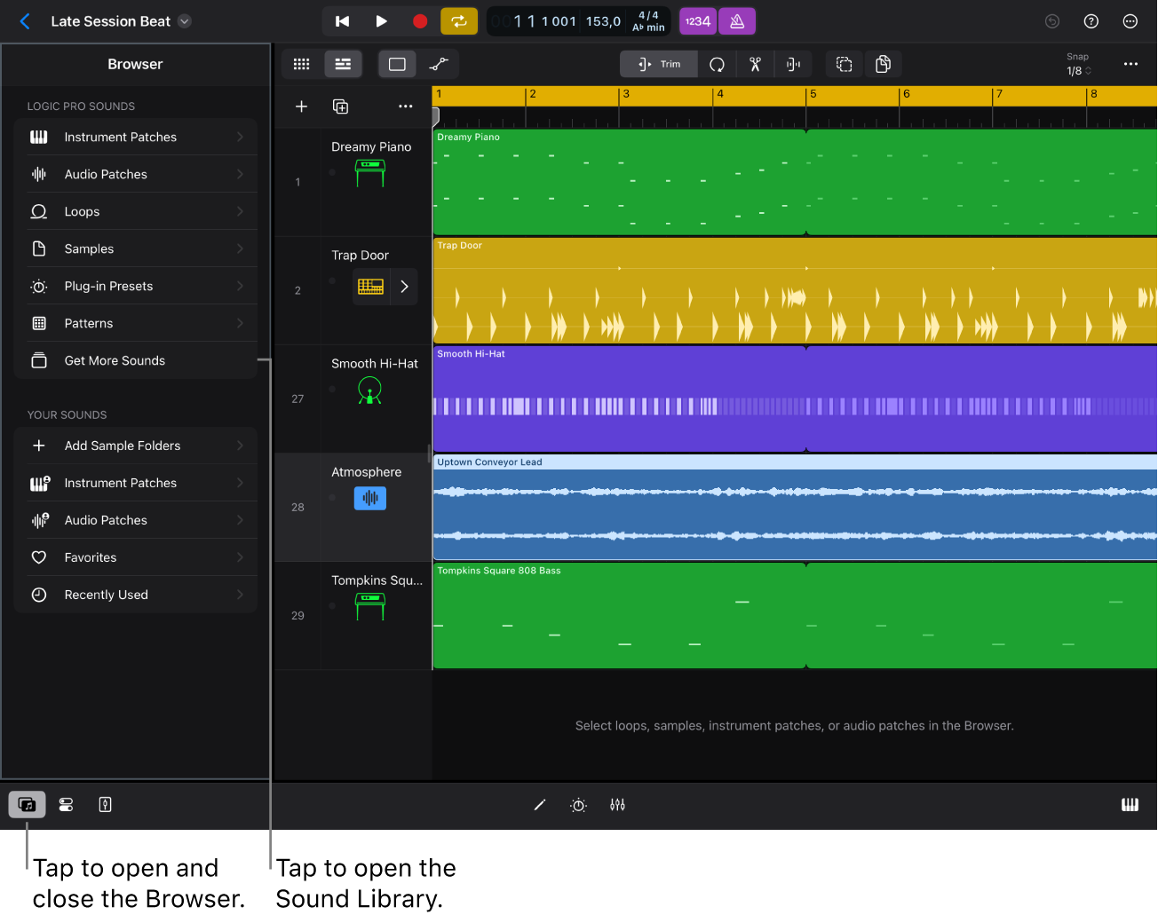 Figure. The Browser in Logic Pro for iPad.