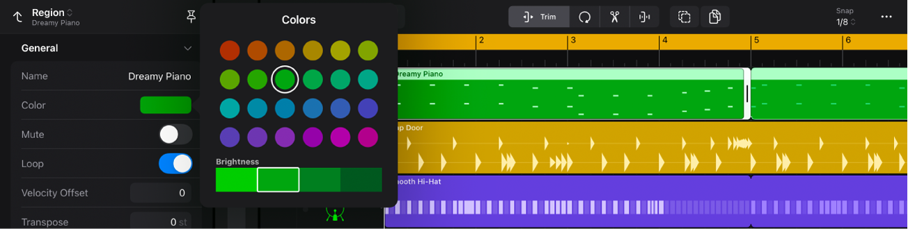 Region selected and inspector open, with Colors palette open.