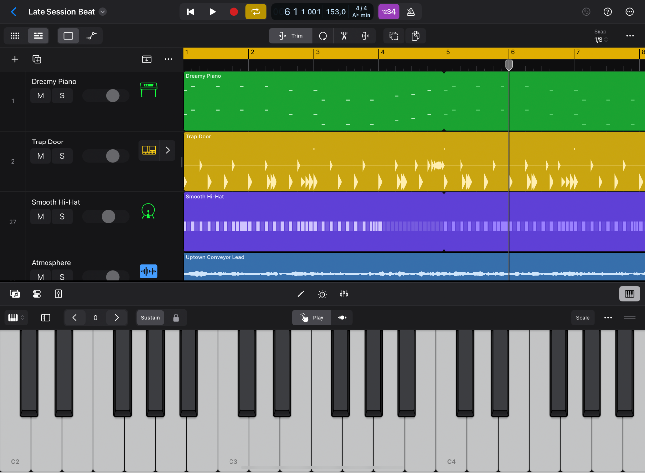 Figure. Logic Pro for iPad with the Keyboard Play Surface open.