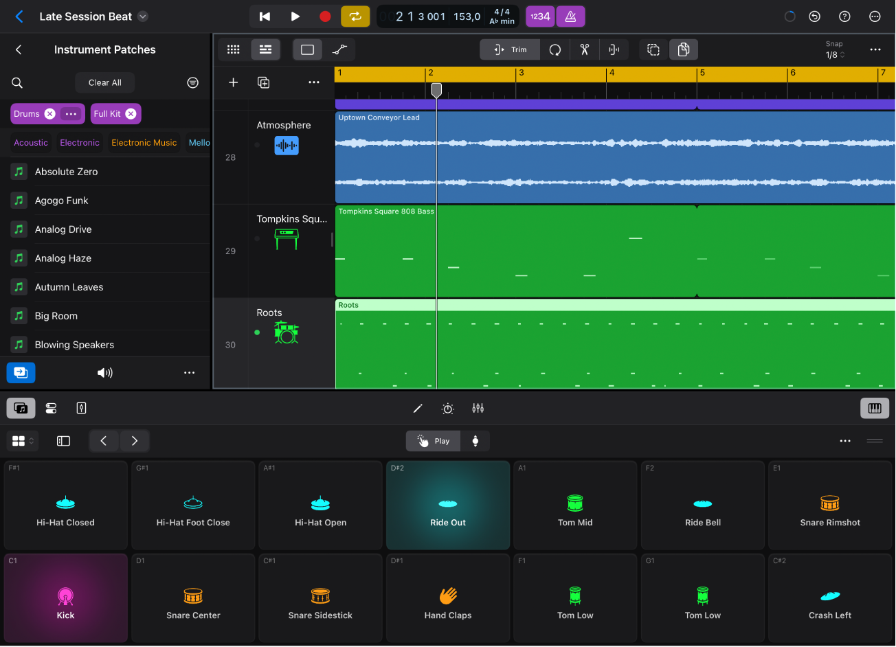 Figure. Logic Pro for iPad with the Drum Pads Play Surface open.