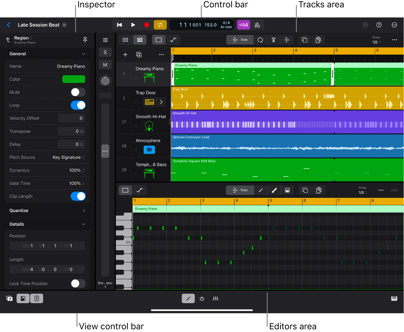 Figure. Logic Pro project playing, with Tracks area, inspector, and Piano Roll Editor visible.