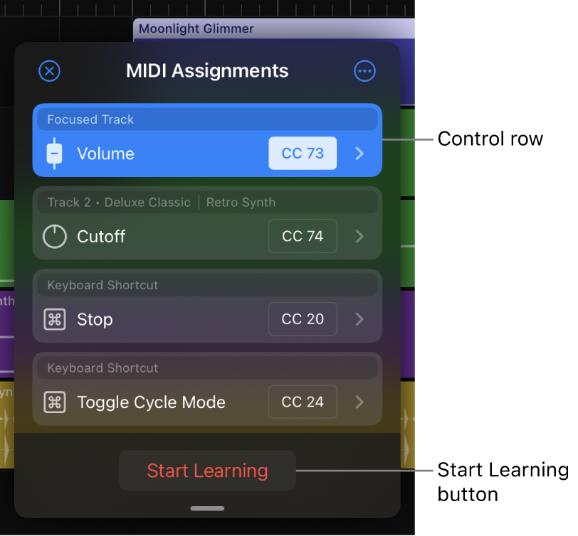 Figure. The Learn MIDI dialog showing control rows and the Start Learning button.