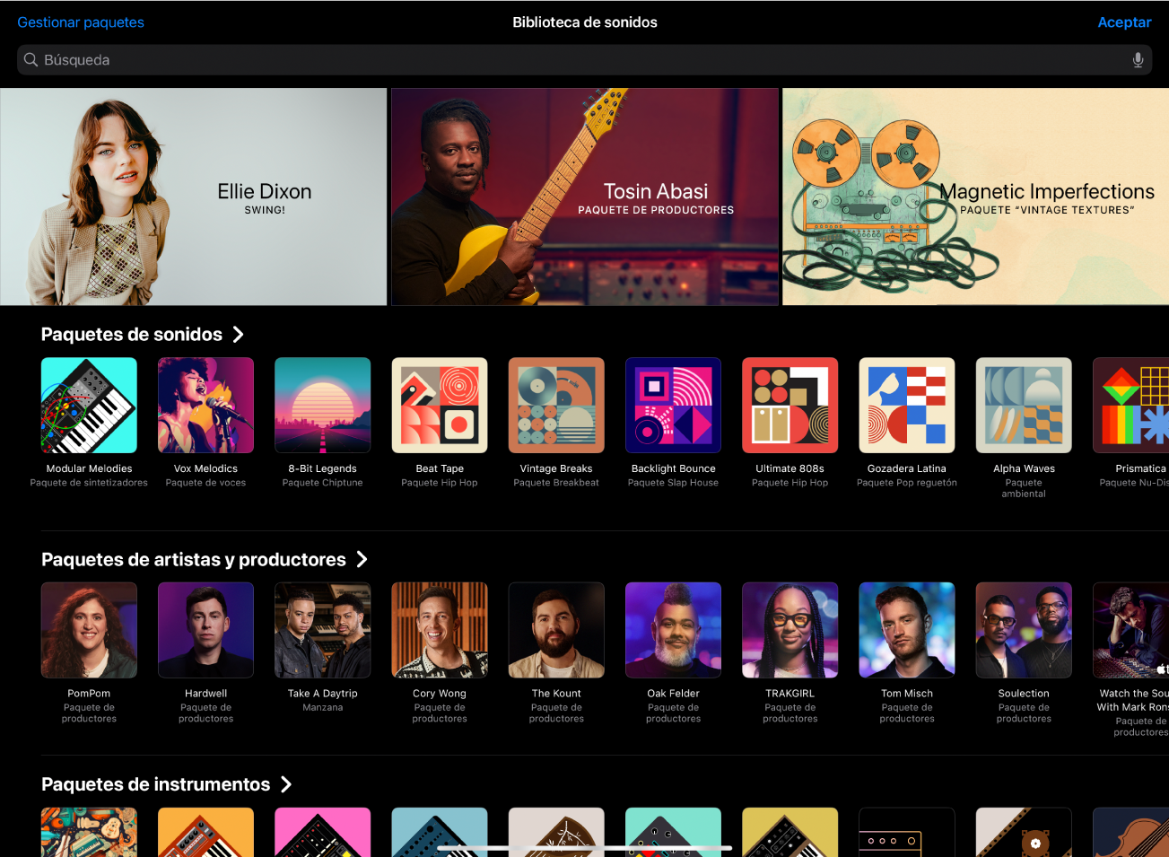 Ilustración. La biblioteca de sonidos de Logic Pro para iPad.