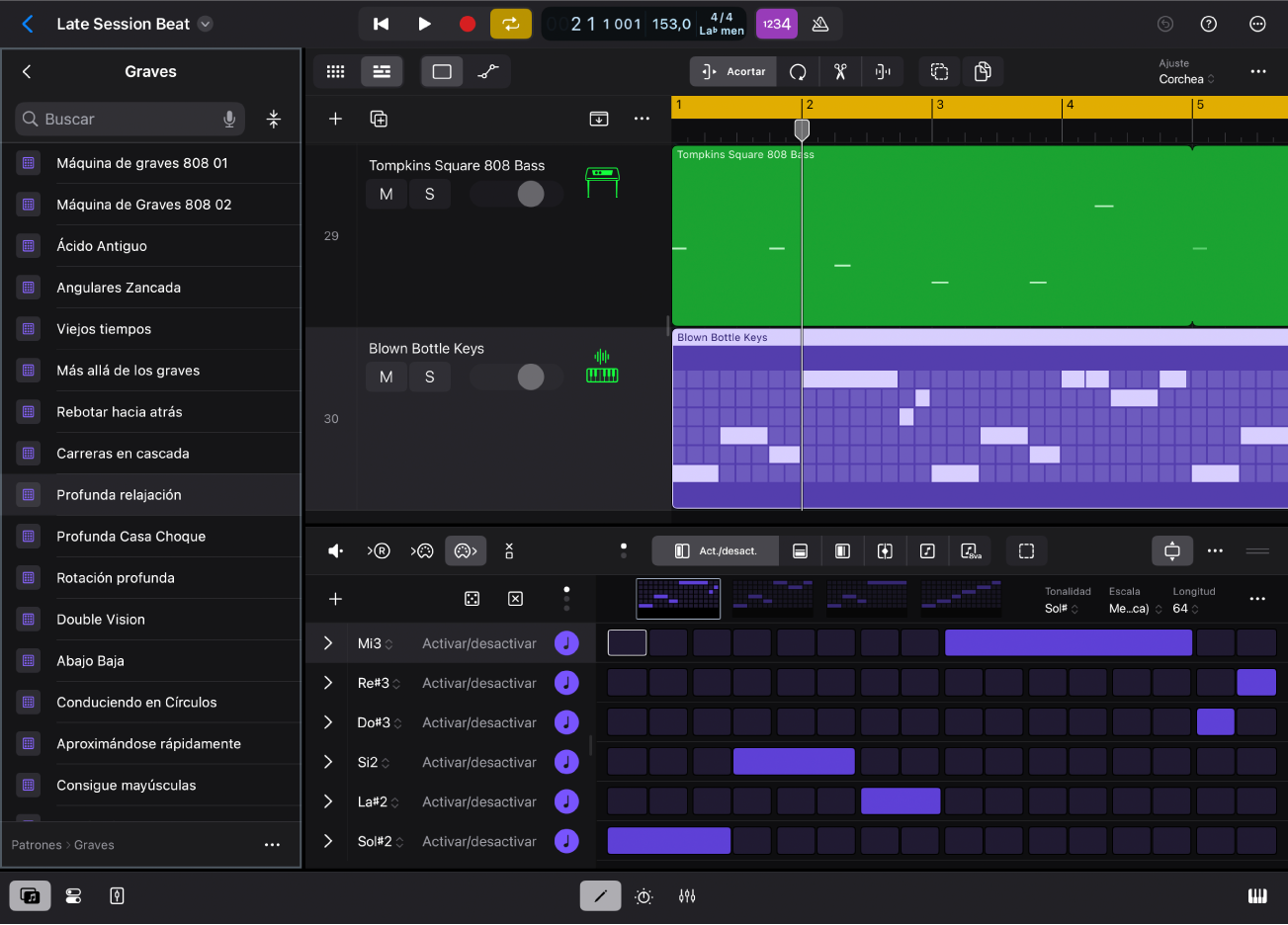Ilustración. Logic Pro para iPad con la vista Patrones en el explorador.