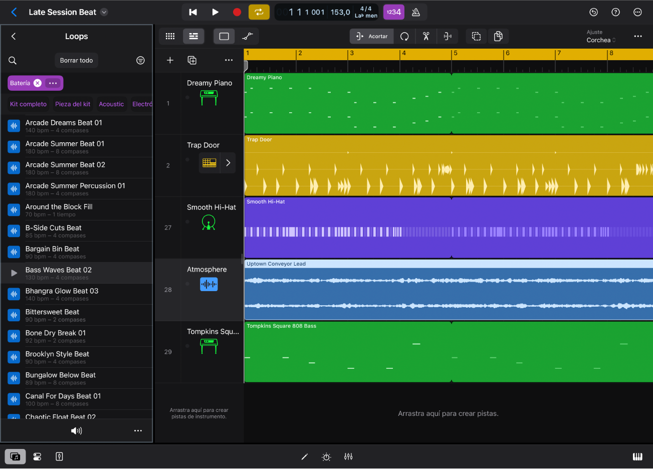 Ilustración. Logic Pro para iPad con la vista Loops en el explorador.