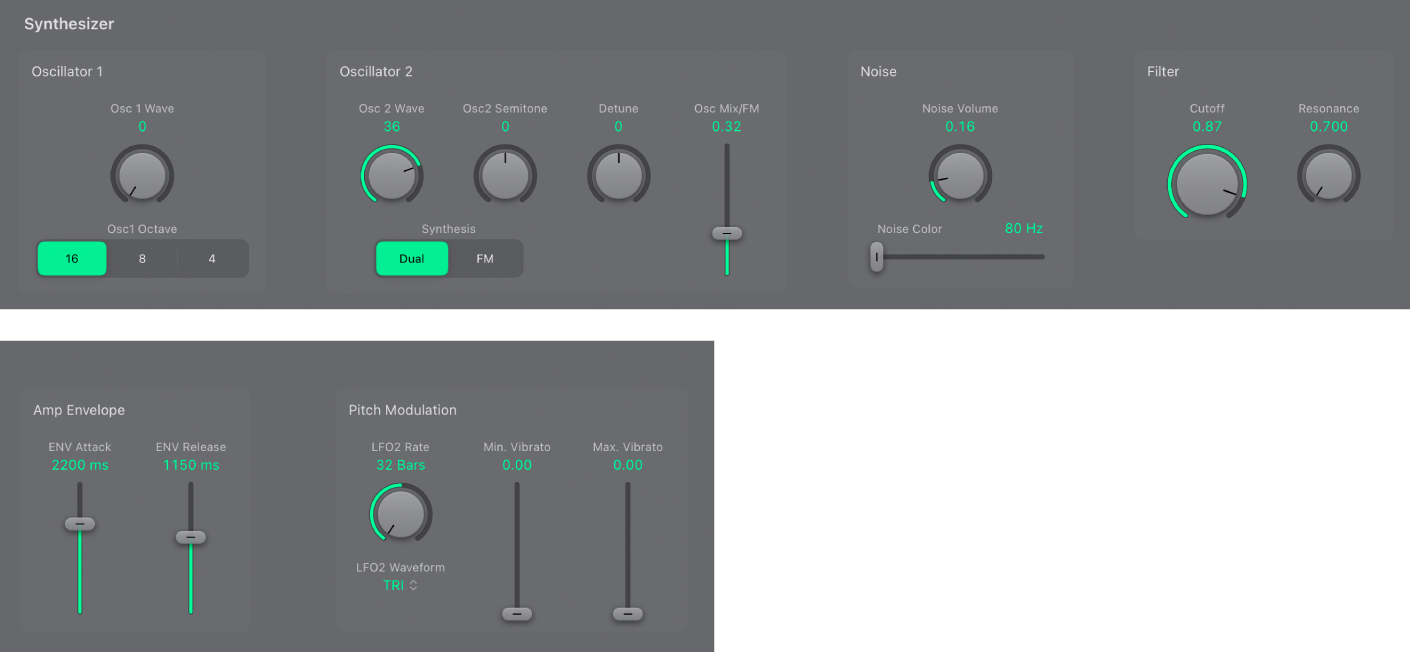 Ilustración. Parámetros del oscilador “EVOC 20 PS” con los controles de “Pitch Modulation”.