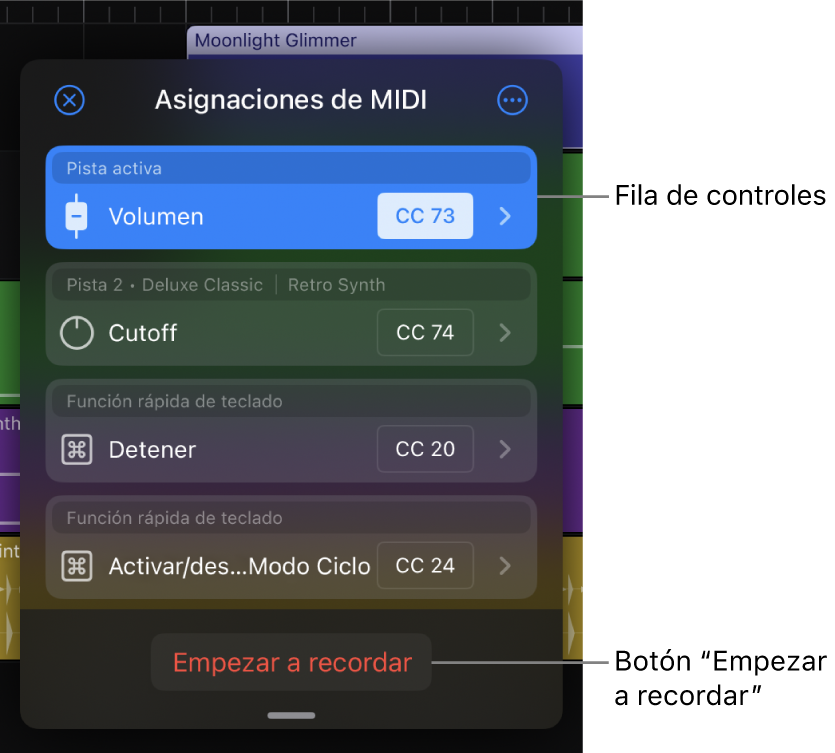 Ilustración. El cuadro de diálogo “Recordar MIDI”, con las filas de control y el botón “Empezar a recordar”.