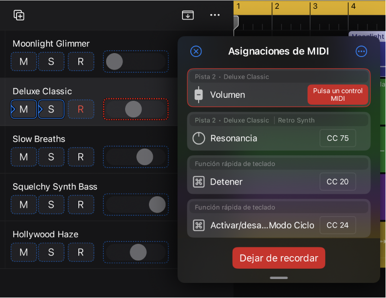 Ilustración. Crear una asignación en el cuadro de diálogo “Recordar MIDI”.