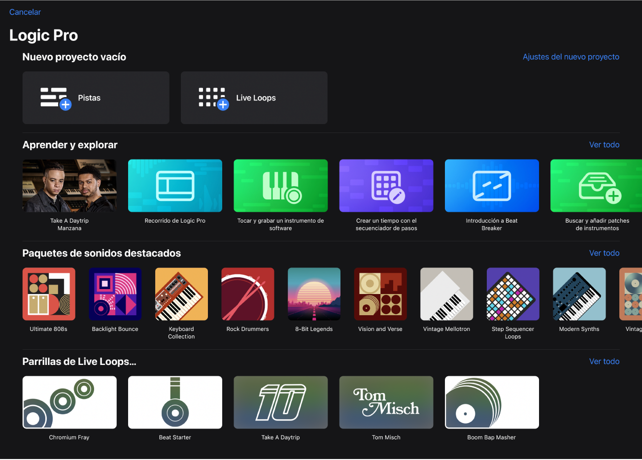 Ilustración. Cuadro de diálogo “Nuevo proyecto” con plantillas de proyecto, un enlace a los ajustes del nuevo proyecto, lecciones, paquetes de sonidos y parrillas de Live Loops.