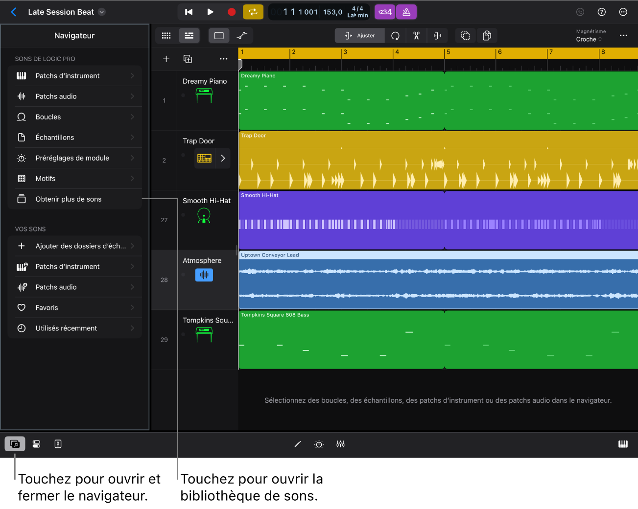 Figure. Navigateur dans Logic Pro pour iPad.