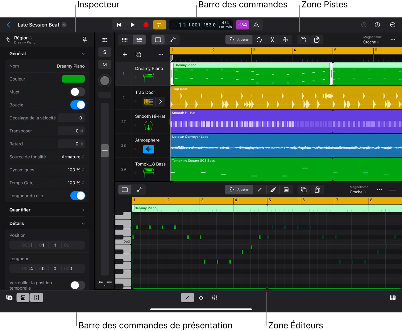 Figure. Interface Logic Pro montrant la zone de pistes, l’inspecteur et l’éditeur de partition défilante ouverts.