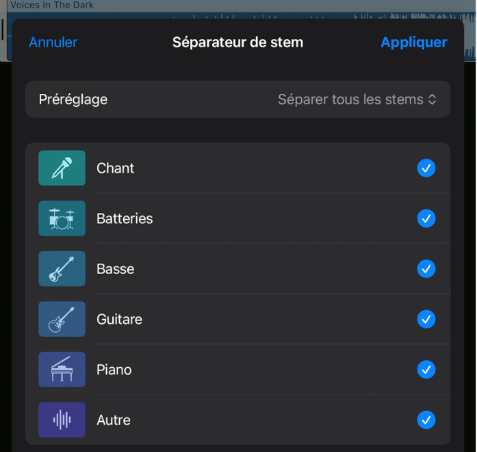 Figure. La fenêtre « Séparateur de stem » montrant le menu Préréglage et des cases à cocher pour sélectionner ou désélectionner des stems individuels à extraire.