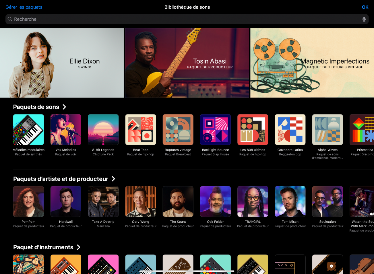 Figure. Bibliothèque de sons dans Logic Pro pour iPad.