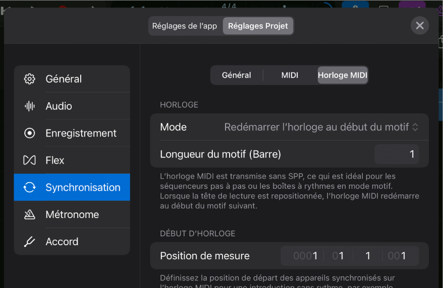 Réglages « Horloge MIDI » du projet de la section Synchronisation.