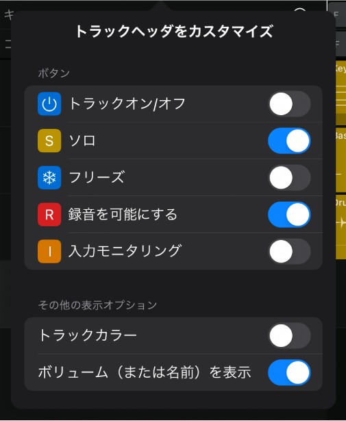 図。「トラックヘッダをカスタマイズ」ウインドウ。使用可能なボタンやその他の表示オプションが表示されています。