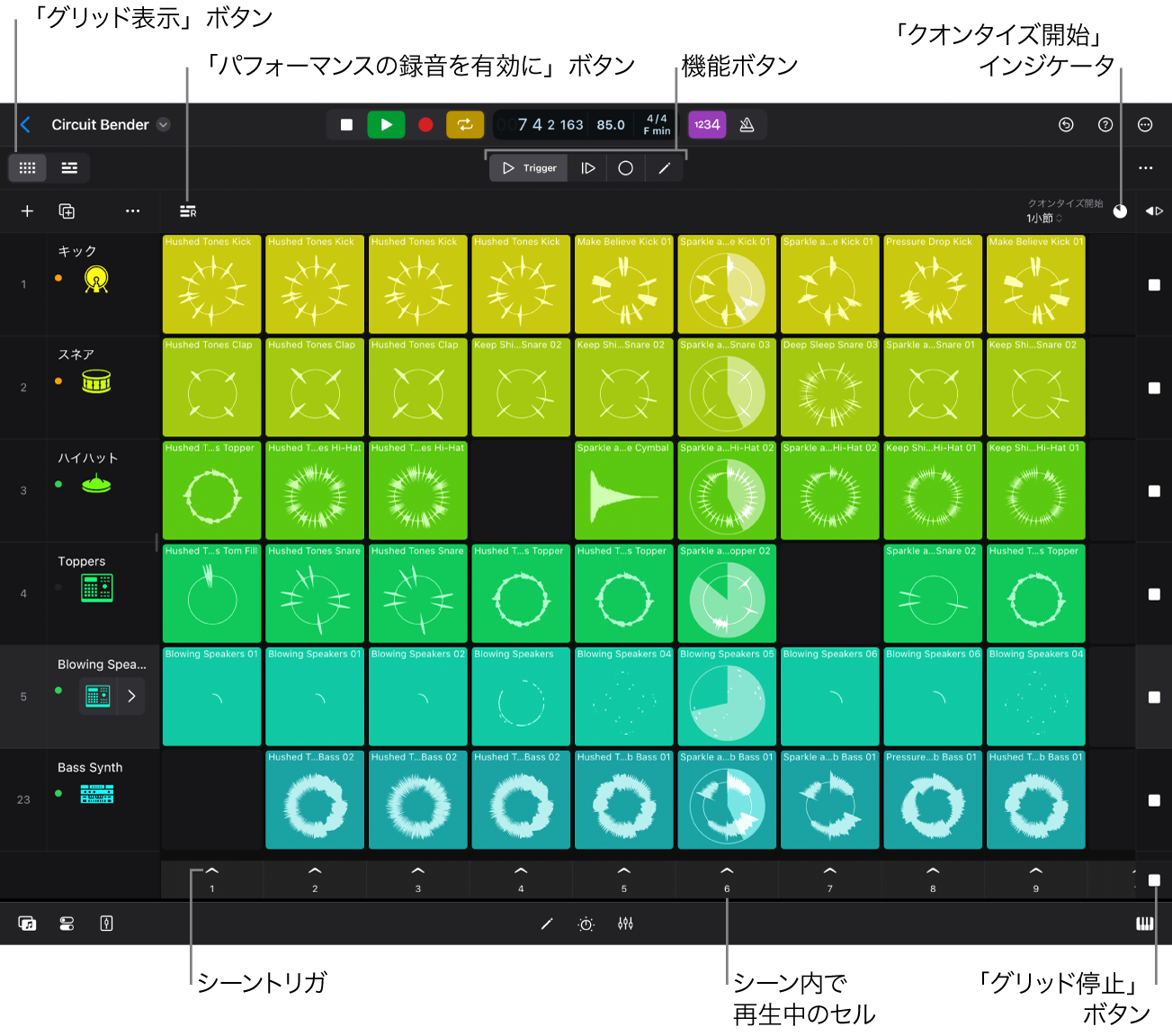 図。再生中のセルが表示されたLive Loopsグリッド。