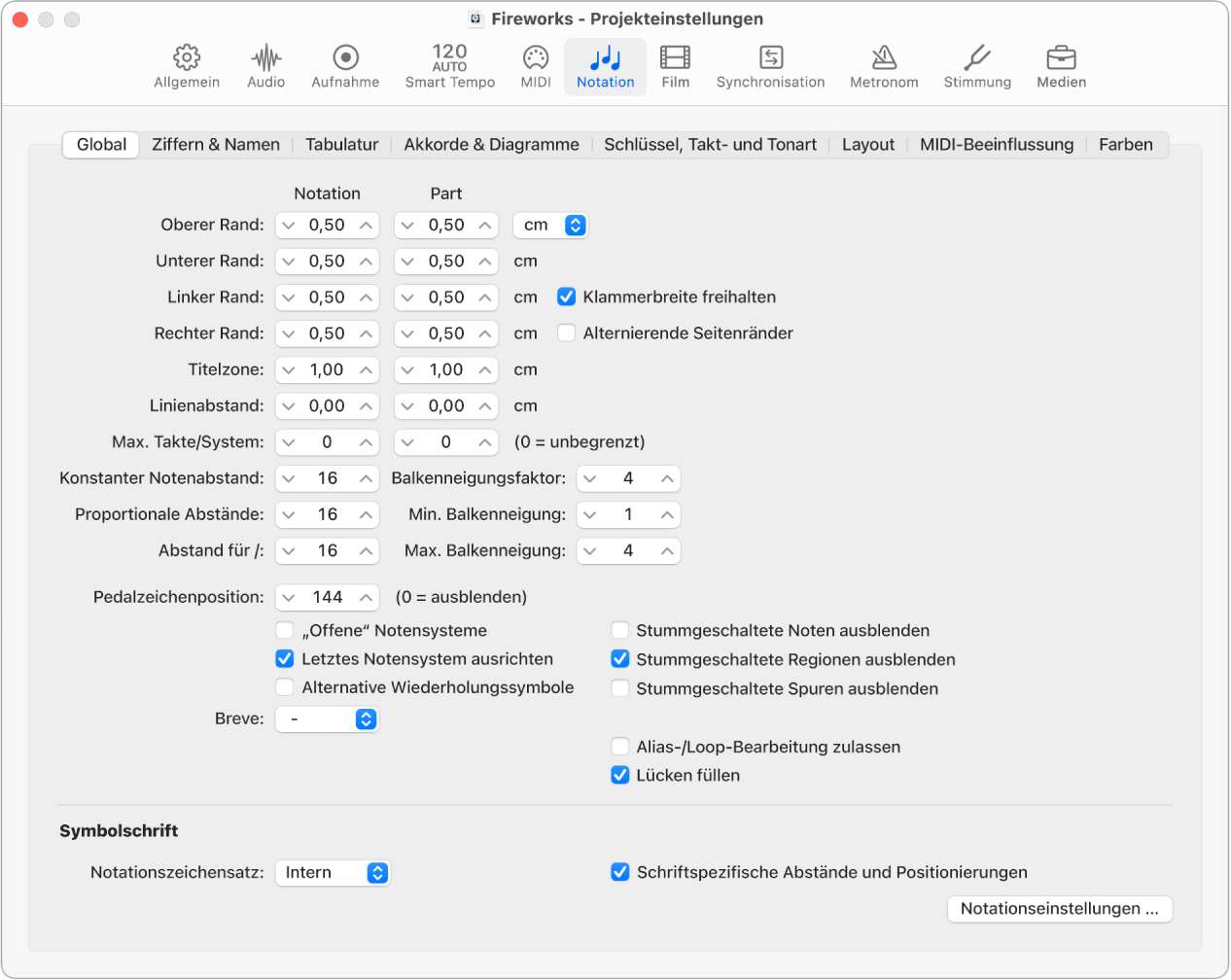 Abbildung. Projekteinstellungsbereich „Notation“ > „Global“