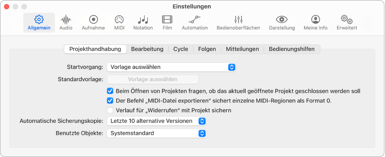 Abbildung. Einstellungsbereich „Allgemein“ > „Projekthandhabung“
