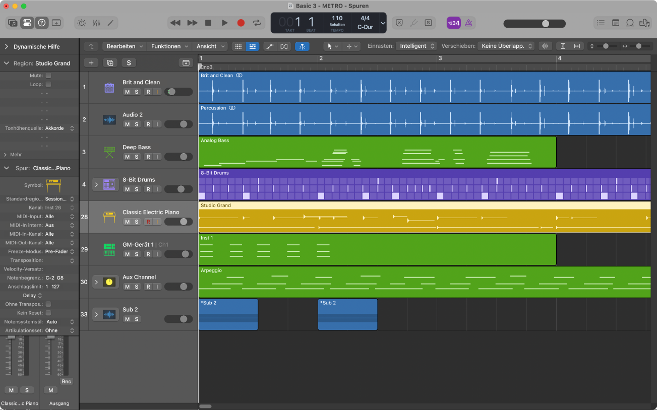 Abbildung. Der Bereich „Spuren“ mit den Audio-, Software-Instrument- und Session Player-Regionen