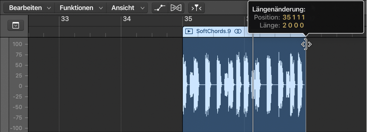 Abbildung. Trimmen einer Audioregion im Audiospureditor. Der Info-Text zeigt die Länge der Region an.