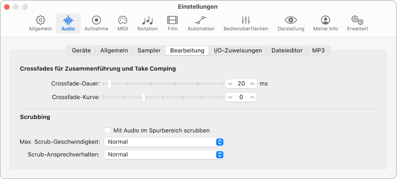 Abbildung. Einstellungsbereich „Audio“ > „Bearbeitung“