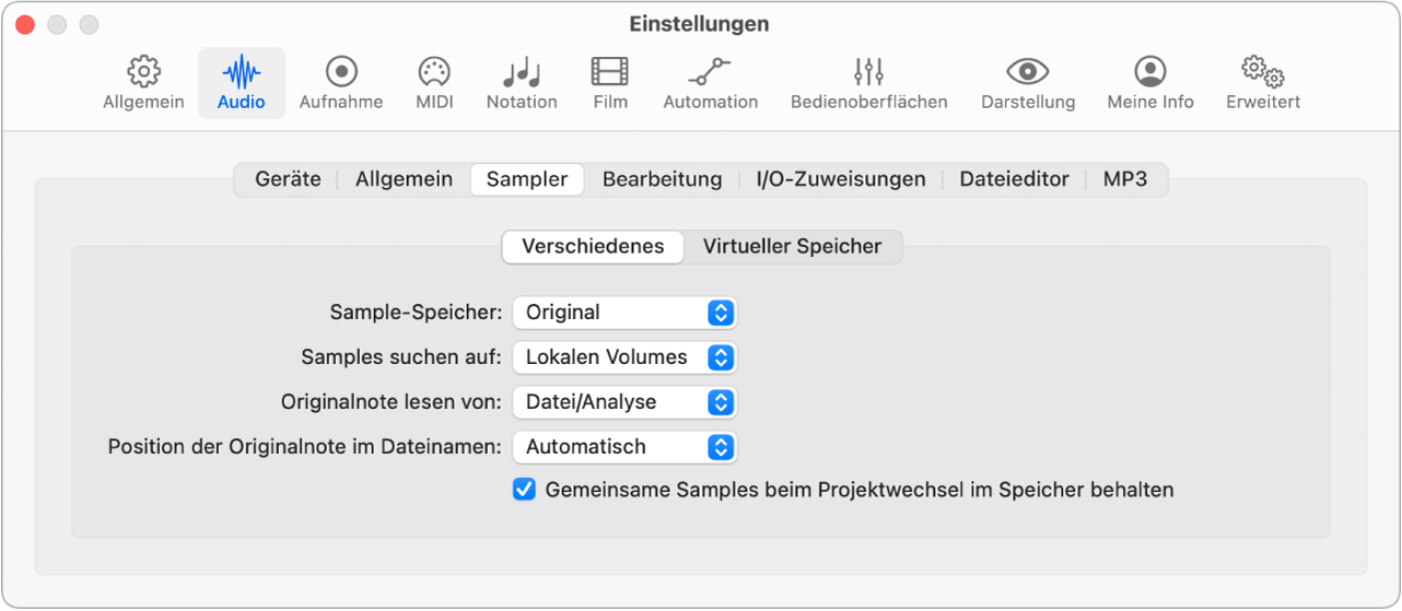 Abbildung. Einstellungsbereich „Verschiedenes“.