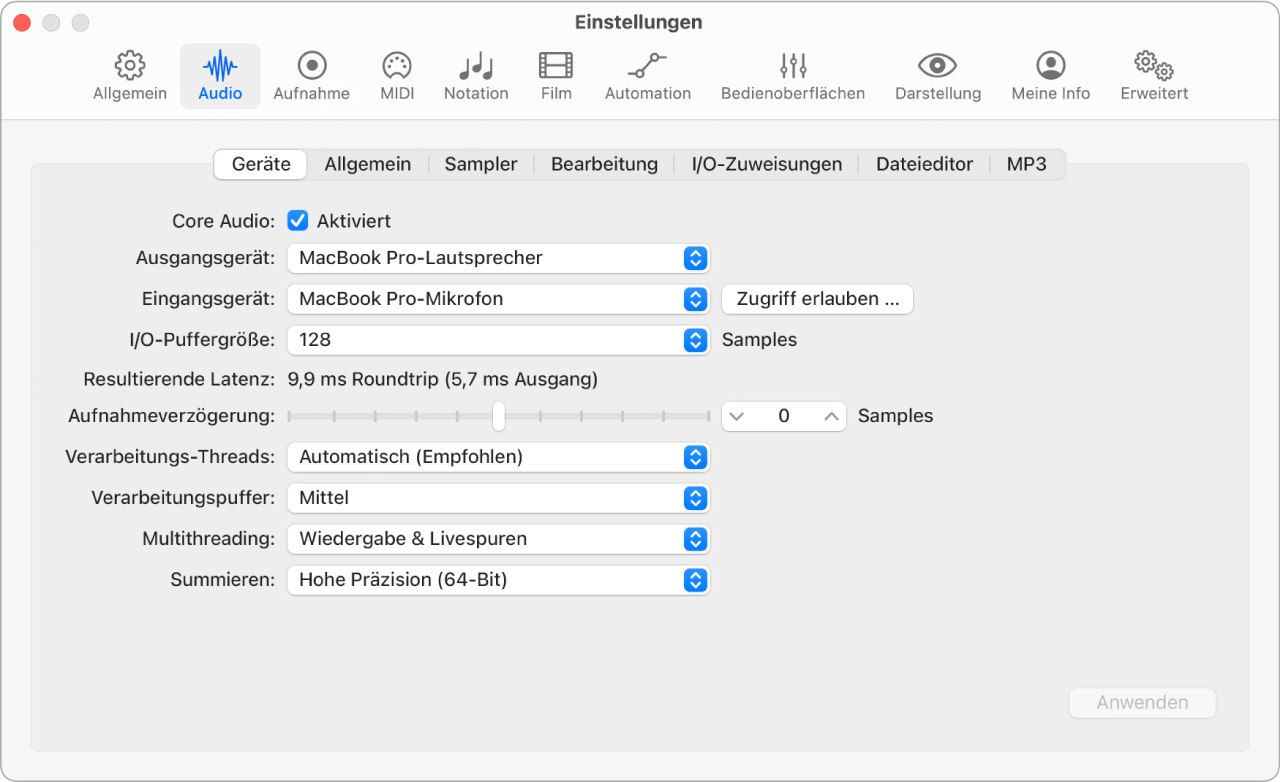 Abbildung. Einstellungsbereich „Audio“ > „Geräte“