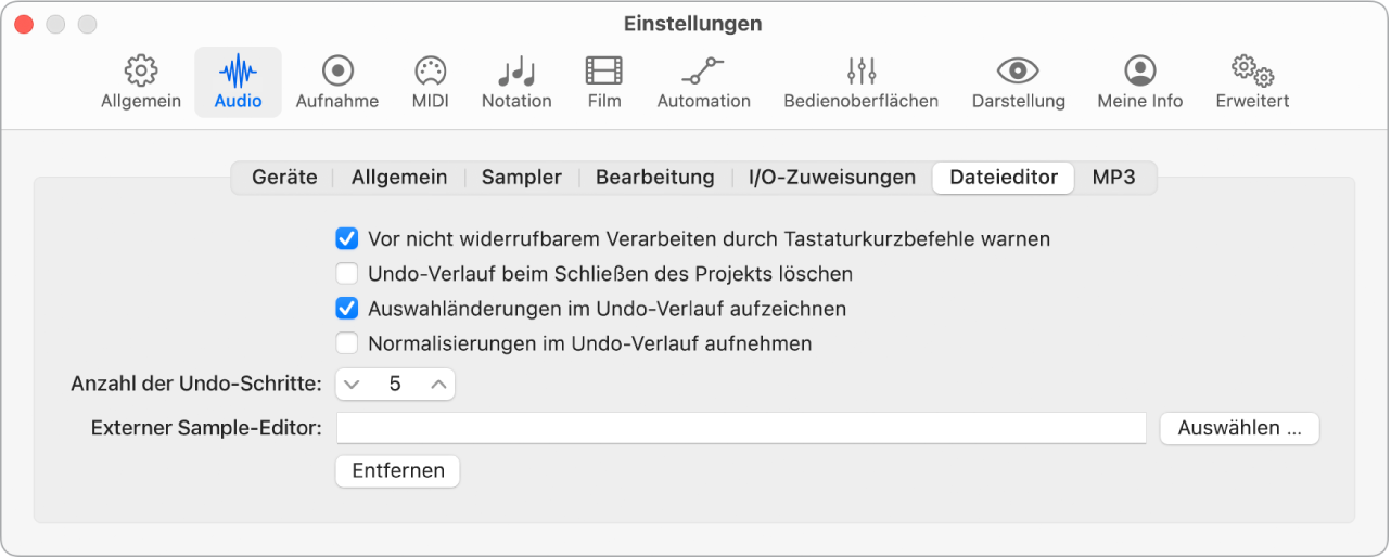 Abbildung. Einstellungsbereich „Audio“ > „Dateieditor“
