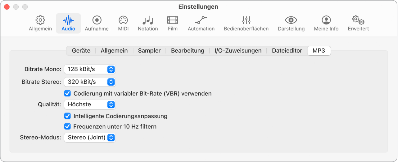 Abbildung. Einstellungsbereich „Audio“ > „MP3“.